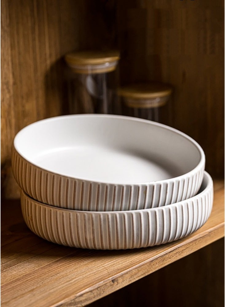 Set of 2 Ribbed Ceramic Deep Plates 8 Inch Matte White Shallow Bowls with Vertical Texture 1000ml Capacity Dishwasher & Microwave Safe Ideal for Pasta Salad and Modern Farmhouse Kitchen Tableware - Image 2